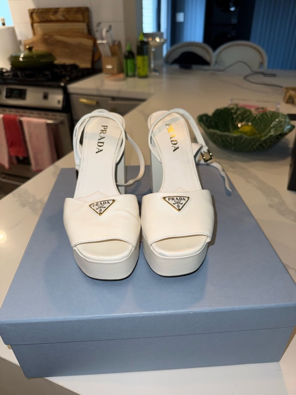 Prada White Leather Platform Block Heel Sandals with Gold Logo - Picture 8 of 12